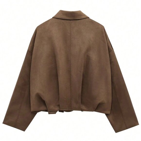 brown Casual Women's  Loose Long Sleeves Zip Jacket Bomber Coat Outerwear - Picture 6 of 6